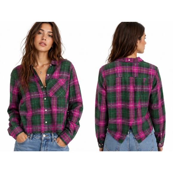 Current/Elliott Tops - Current/Elliot Women’s Plaid Button Up Shirt Pink Green Fray Hem S Quiet Luxury